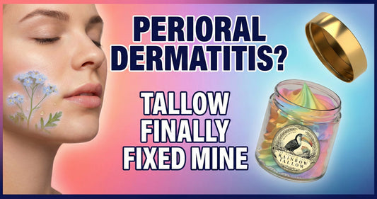 Rainbow Tallow blog thumbnail showing calm facial skin with Blue Tansy botanicals and grass-fed tallow balm for perioral dermatitis barrier repair