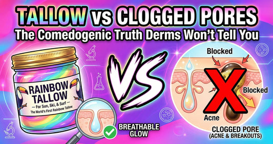 Article header showing Rainbow Tallow jar with text about comedogenic ratings and pore-clogging truth for sensitive skin