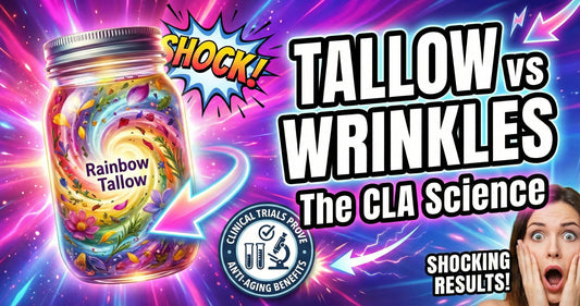 Rainbow Tallow blog header showing grass-fed tallow anti-aging benefits with CLA science for wrinkle reduction and skin longevity