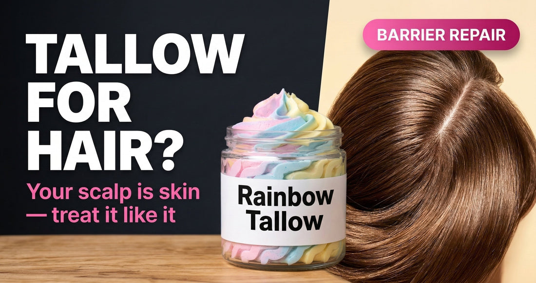 Rainbow Tallow jar beside healthy hair and scalp — MrBeast-style blog thumbnail for the tallow for hair and scalp guide