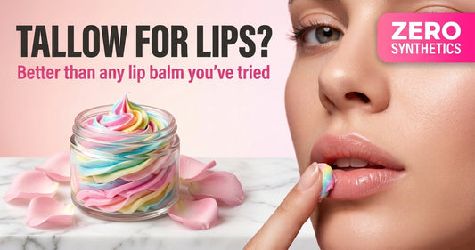 Rainbow Tallow jar beside soft, healthy lips — MrBeast-style blog thumbnail for the tallow as natural lip balm guide