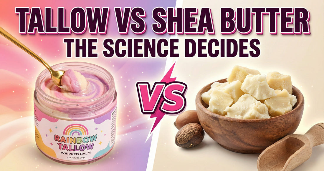 Tallow vs shea butter comparison showing Rainbow Tallow jar and shea butter with bold VS graphic for natural moisturizer skincare article