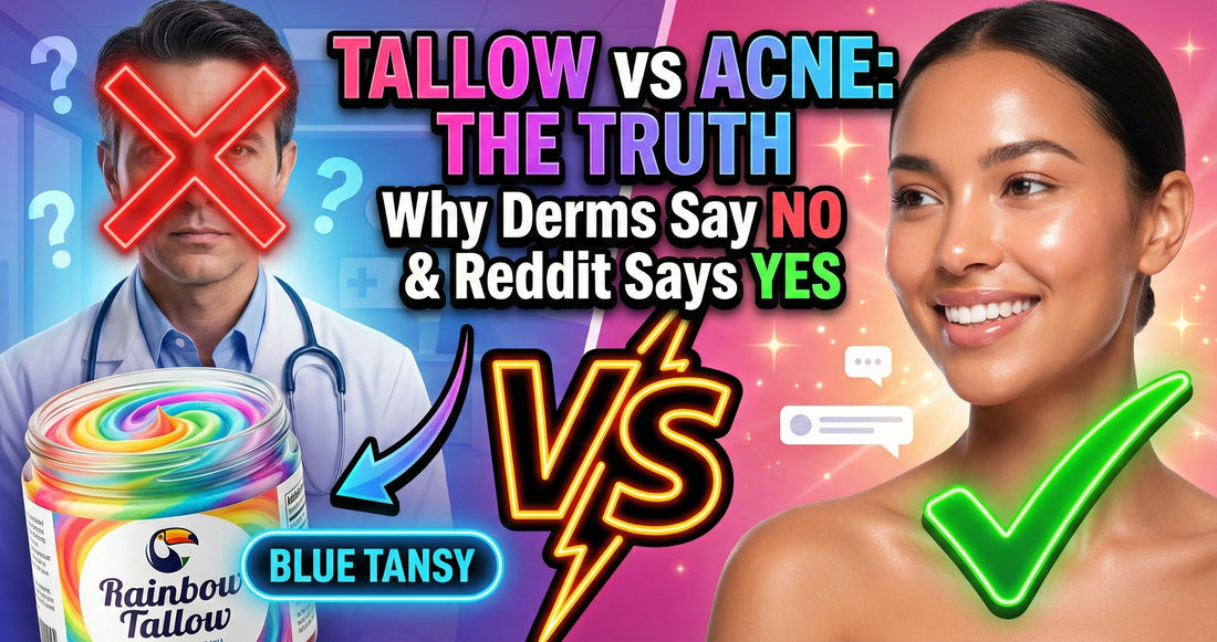 Blog thumbnail showing tallow vs acne debate with dermatologist perspective and Reddit testimonials, featuring Rainbow Tallow Blue Tansy jar