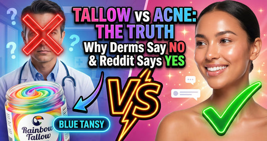 Blog thumbnail showing tallow vs acne debate with dermatologist perspective and Reddit testimonials, featuring Rainbow Tallow Blue Tansy jar