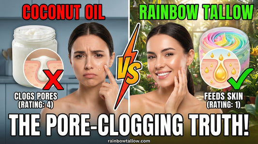 Comparison chart showing Coconut Oil (Comedogenic Rating 4 - High Risk) vs Rainbow Tallow (Comedogenic Rating 1 - Safe). Visual shows coconut oil sitting on top of skin while tallow absorbs into the pore.