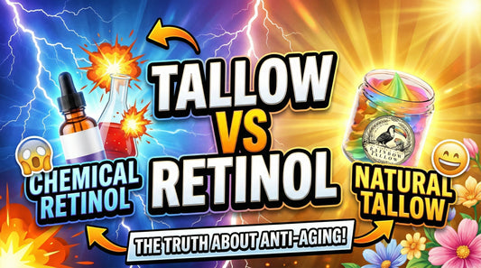 Split screen comparison. Left: "Synthetic Retinol" with peeling skin icon. Right: "Tallow Vitamin A" with glowing skin icon. Text: "The Retinol Buffer Method".