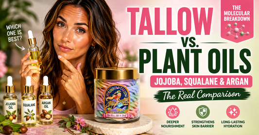 Woman looking at camera comparing plant oil bottles with her Rainbow Tallow whipped tallow jar